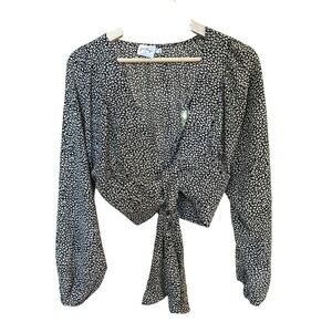 Polly Tie Front Crop Top Womens Black White Leopard Print Long Sleeve Blouse